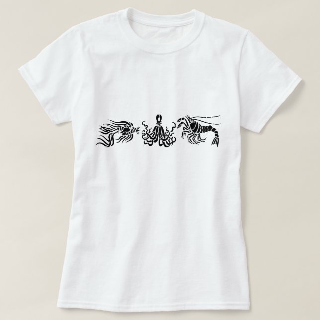 Camiseta Ilustracion de langosta y pescado del pulpo negro (Diseño del anverso)