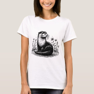 Camiseta Ilustración de línea de nutria en la naturaleza