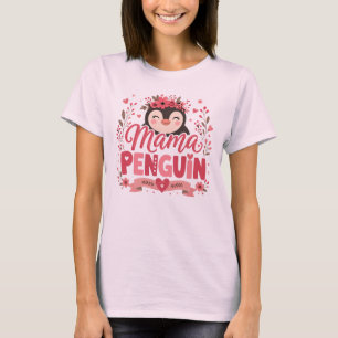 Camiseta Ilustración de mamá pingüino floral rosa y materni
