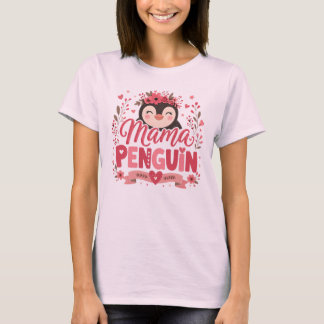 Camiseta Ilustración de mamá pingüino floral rosa y materni