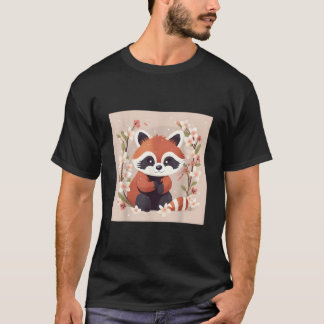 Camiseta Ilustración de Panda Rojo y Flor de Cerezo Dulce W