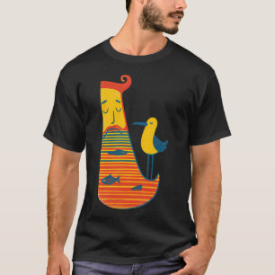 Camiseta Ilustración de pescador extravagante con pájaro y 