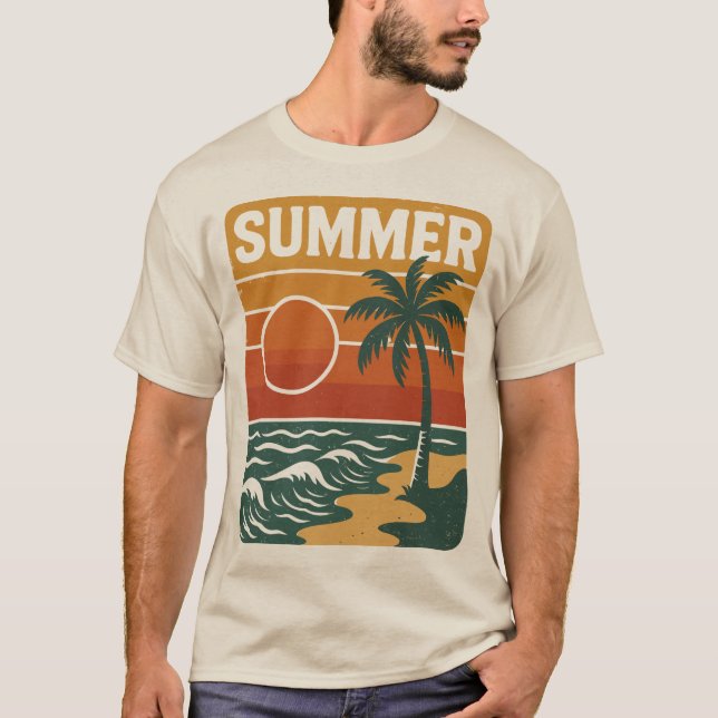 Camiseta Ilustracion de playa de verano retro con palmeras  (Anverso)