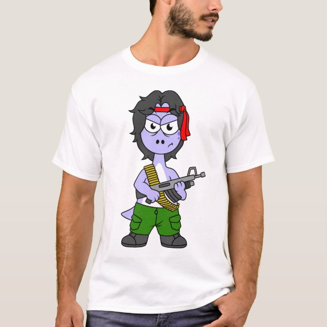 Camiseta Ilustracion De Un Brontosauro Vestido Como Rambo. (Anverso)