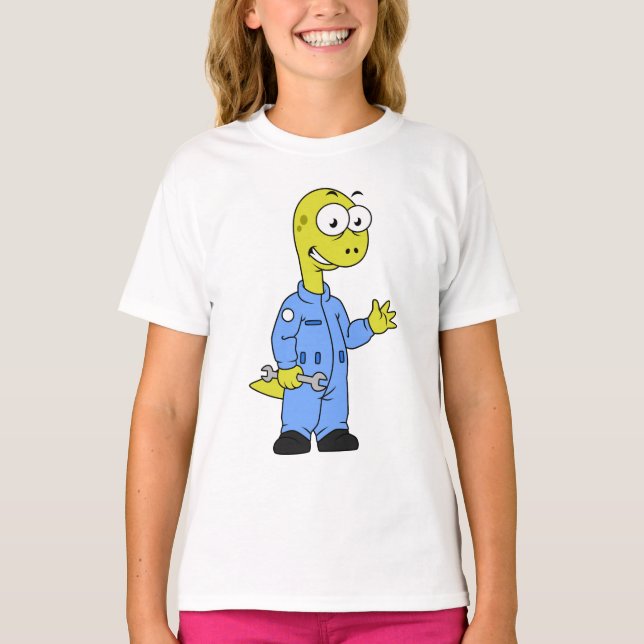 Camiseta Ilustracion De Un Mecánico De Brontosauro. (Anverso)
