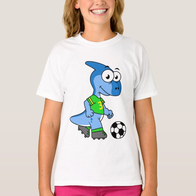 Camiseta Ilustracion De Un Parasaurolophus Jugando Fútbol. (Anverso)