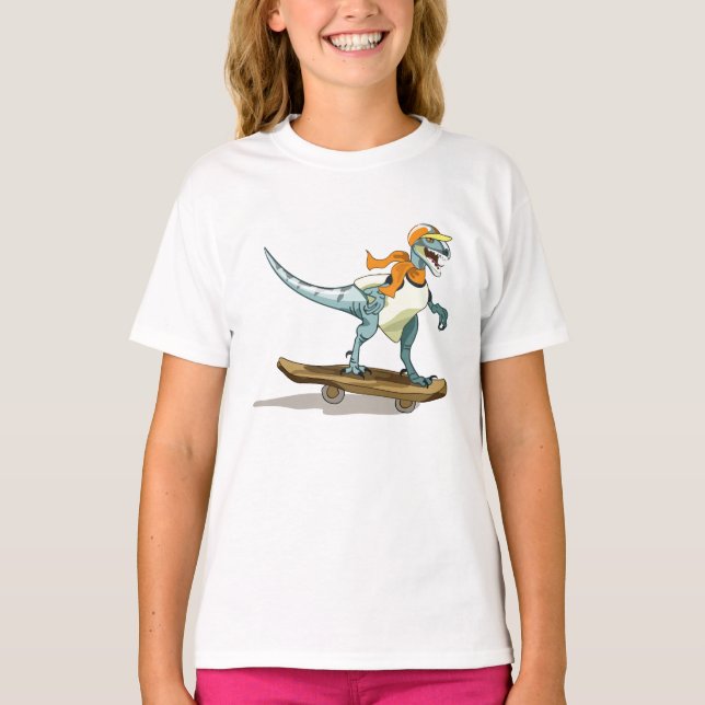 Camiseta Ilustracion De Un Skateboarding Raptor. (Anverso)