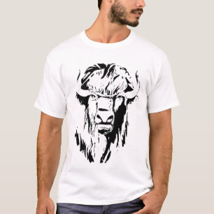 Camiseta Ilustracion de una cabeza de búfalo en blanco y ne