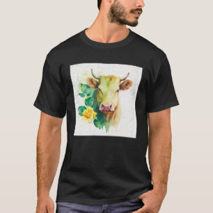 Camiseta Ilustración de vaca linda flores Laefy verde mujer