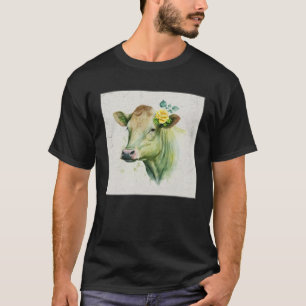 Camiseta Ilustración de vaca linda flores Laefy verde mujer