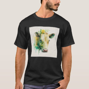 Camiseta Ilustración de vaca linda flores Laefy verde mujer