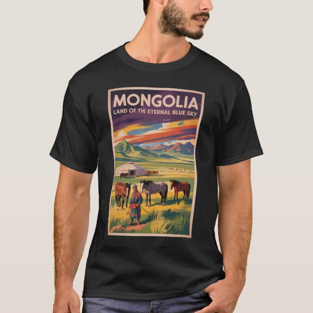 Camiseta Ilustración de yurtas de caballos de Mongolia Arte (Anverso)