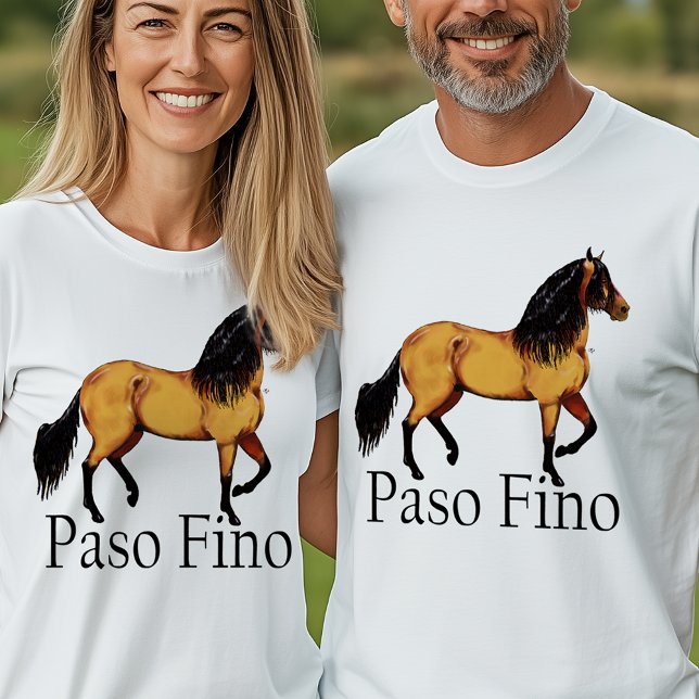 Camiseta Ilustracion ecuestre Fino de Golden Paso (White t-shirt with golden Paso Fino horse illustration and bold black text “Paso Fino,”)
