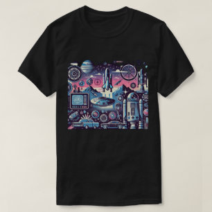 Camiseta Ilustración Espacial Futurista Retro con Cohetes