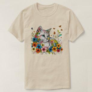 Camiseta Ilustracion estilizado de flores de gato mariposas