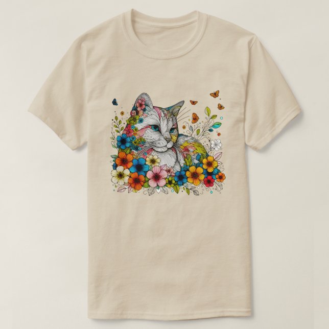 Camiseta Ilustracion estilizado de flores de gato mariposas (Diseño del anverso)