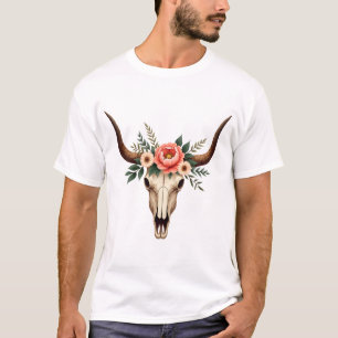 Camiseta Ilustración floral vintage de cráneo de toro boho