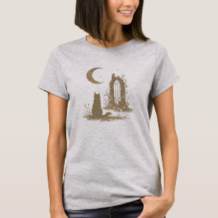 Camiseta Ilustración gótica de ruinas antiguas con gato de