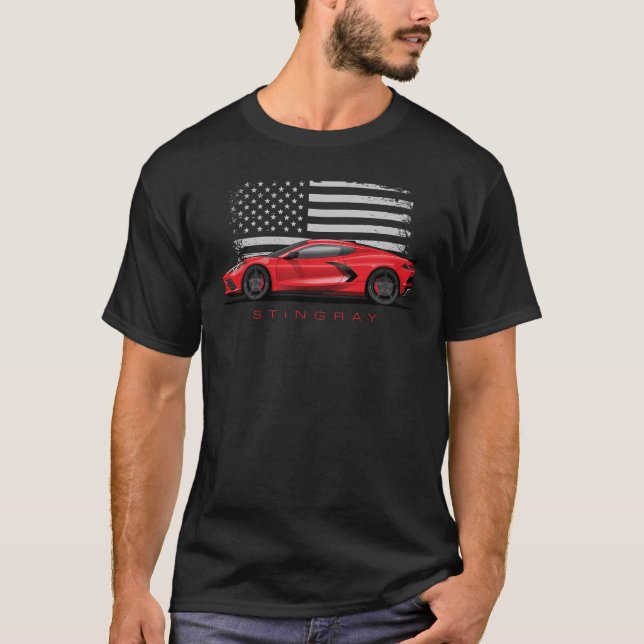 Camiseta Ilustración negra de Chevy Corvette C8 (Anverso)