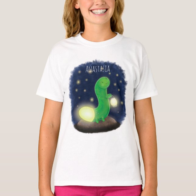 Camiseta Ilustracion personalizado de gusano de brillo verd (Anverso)