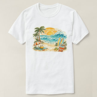 Camiseta Ilustración Retro de la puesta de sol en la playa 