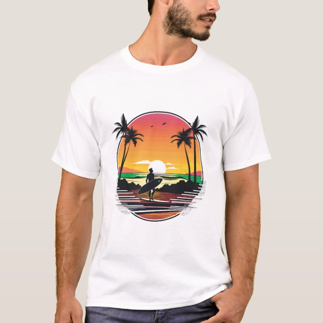 Camiseta Ilustración retro de puesta de sol en la playa de  (Anverso)