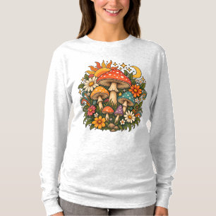 Camiseta Ilustración Retro Hippie de Hongo y Flor Silvestre