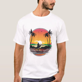 Camiseta Ilustración Retro Tropical de Puesta de Sol en la 