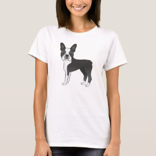 Camiseta Ilustracion Terrier Perro De Boston Blanco Y Negro
