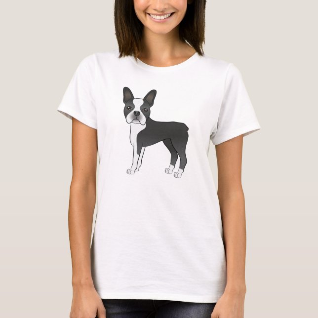 Camiseta Ilustracion Terrier Perro De Boston Blanco Y Negro (Anverso)