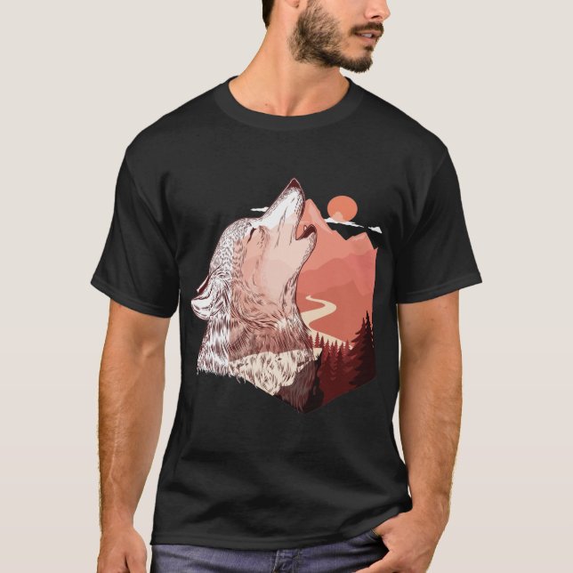 Camiseta Ilustracion vectorial de un paisaje de lobo aullan (Anverso)