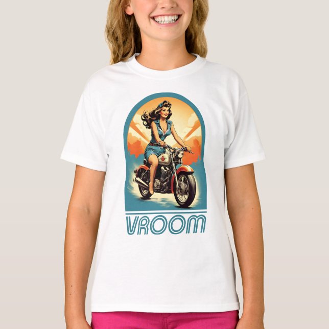 Camiseta Ilustracion vintage - Chica de motociclismo retro  (Anverso)
