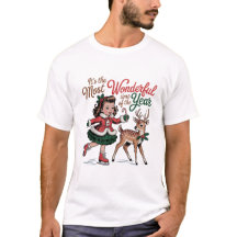 Ilustración Vintage de Niña de Navidad y Reno