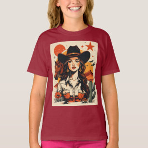 Camiseta Ilustración vintage de vaquera occidental al atard