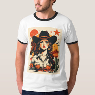 Camiseta Ilustración Vintage de Vaquera Occidental al Atard