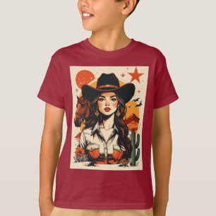 Camiseta Ilustración Vintage de Vaquera Occidental al Atard