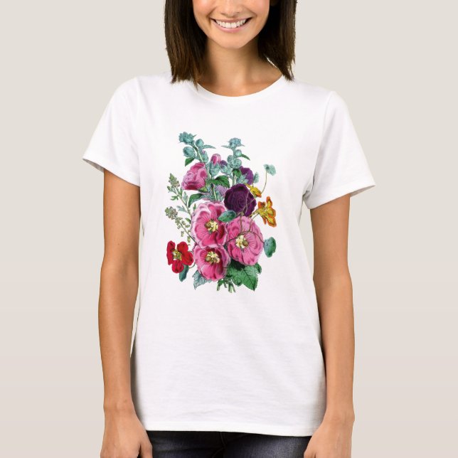 Camiseta Ilustraciones botánicos de época Hollyhocks (Anverso)