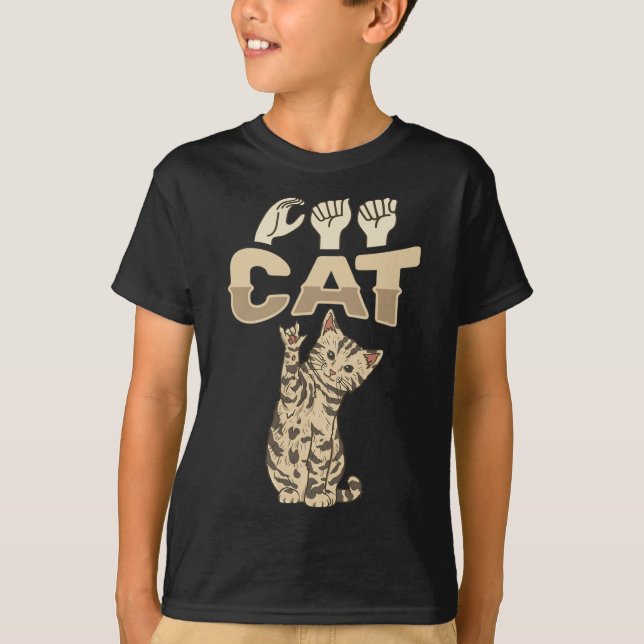 Camiseta ILY Cat ASL Hand Gesture Deaf Hearing Loss Awarene (Anverso)