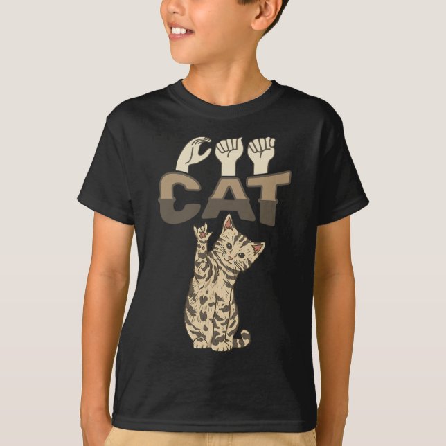 Camiseta ILY Cat ASL Hand Gesture Deaf Hearing Loss Awarene (Anverso)