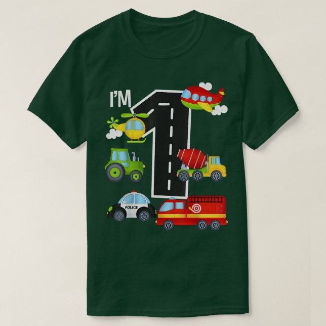 Camiseta I'm 1 Birthday Boy 1st Bday Car Fire Truck Airplan (Diseño del anverso)