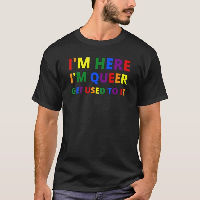 Camiseta I'm Here I'm Queer Pride LGBT Rainbow Flag Heart U (Anverso)