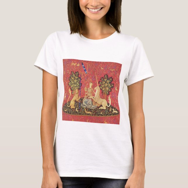 Camiseta Imagen de tapiz medieval de Unicorn y Maiden (Anverso)
