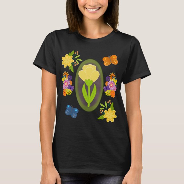 Camiseta Imagen del tulipán amarillo con flores y mariposas (Anverso)