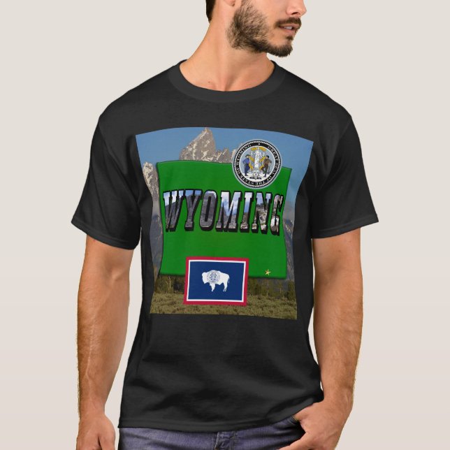 Camiseta Imagen y texto de Wyoming, mapa, bandera y sello d (Anverso)