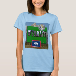 Camiseta Imagen y texto de Wyoming, mapa, bandera y sello d