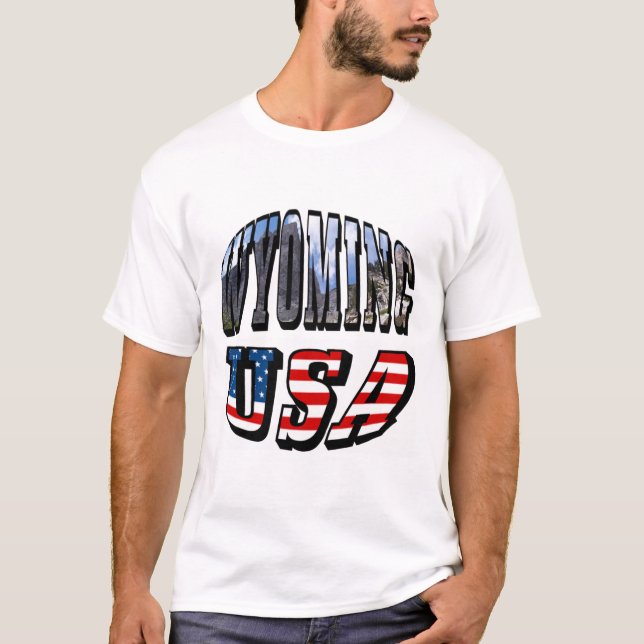 Camiseta Imágenes de Wyoming y texto de la bandera de los E (Anverso)