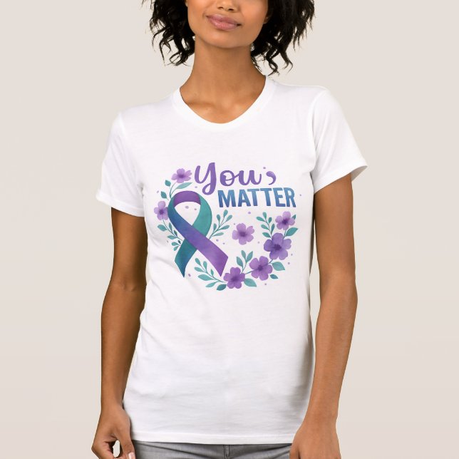 Camiseta Importa la prevención del suicidio, cinta morada V (Anverso)