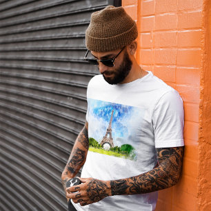 Camiseta Impresión de Arte de Acuarela de la Torre Eiffel d