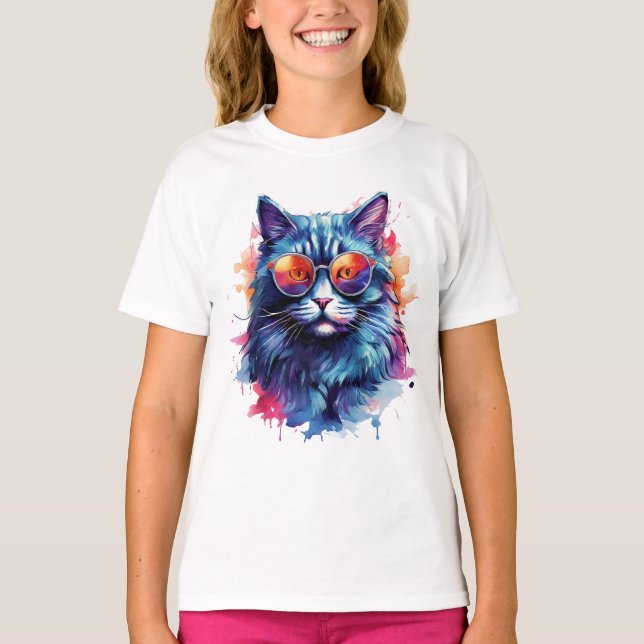 Camiseta Impresión de arte de gato acuarela - Diseño elegan (Anverso)