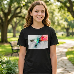 Camiseta Impresión de Arte Floral de Acuarela de Colibrí Vi